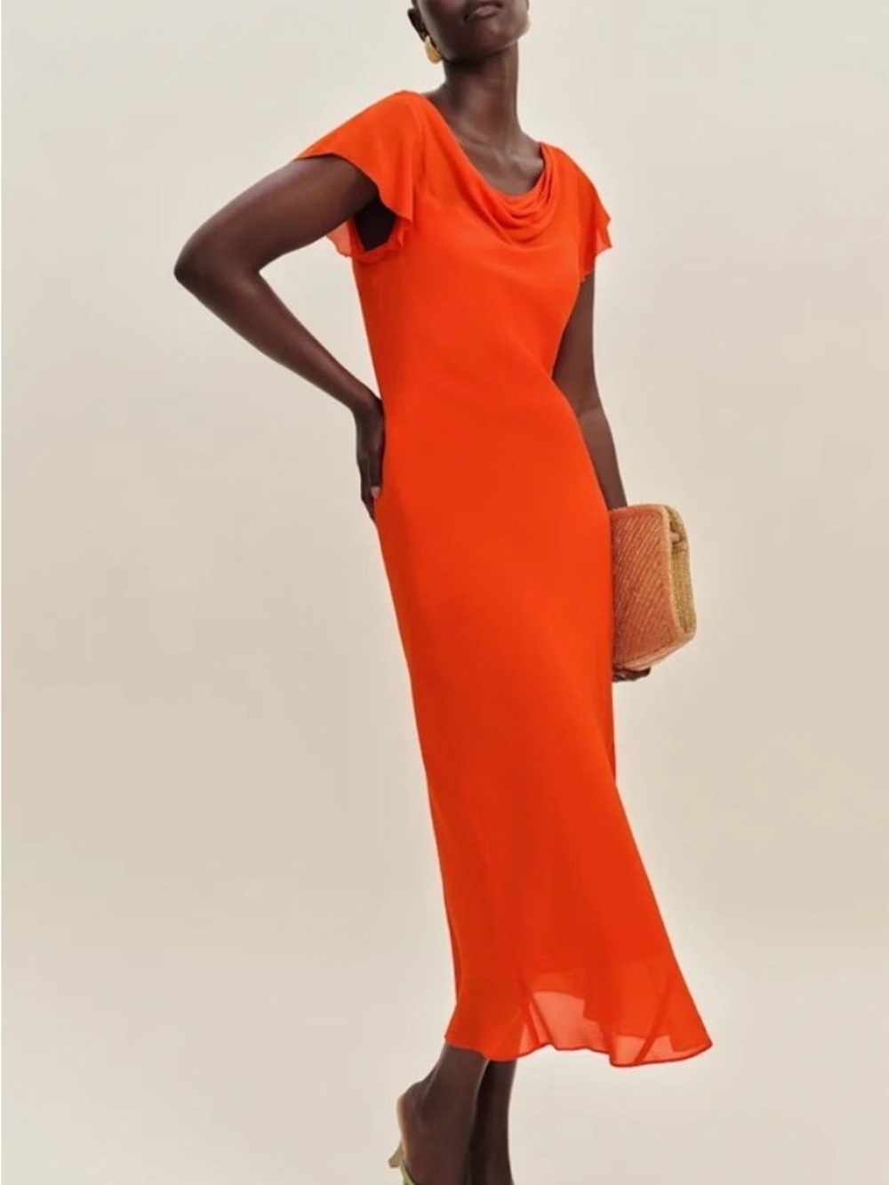 Reformation Bright Orange Cowl-Neck Maxi Dress. Size S